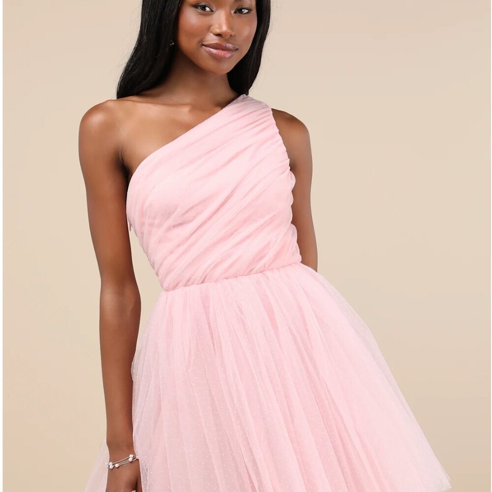 Lulus Exceptional Moments Light Pink Swiss Dot One-shoulder Mini Dress - Size S - Picture 5 of 8